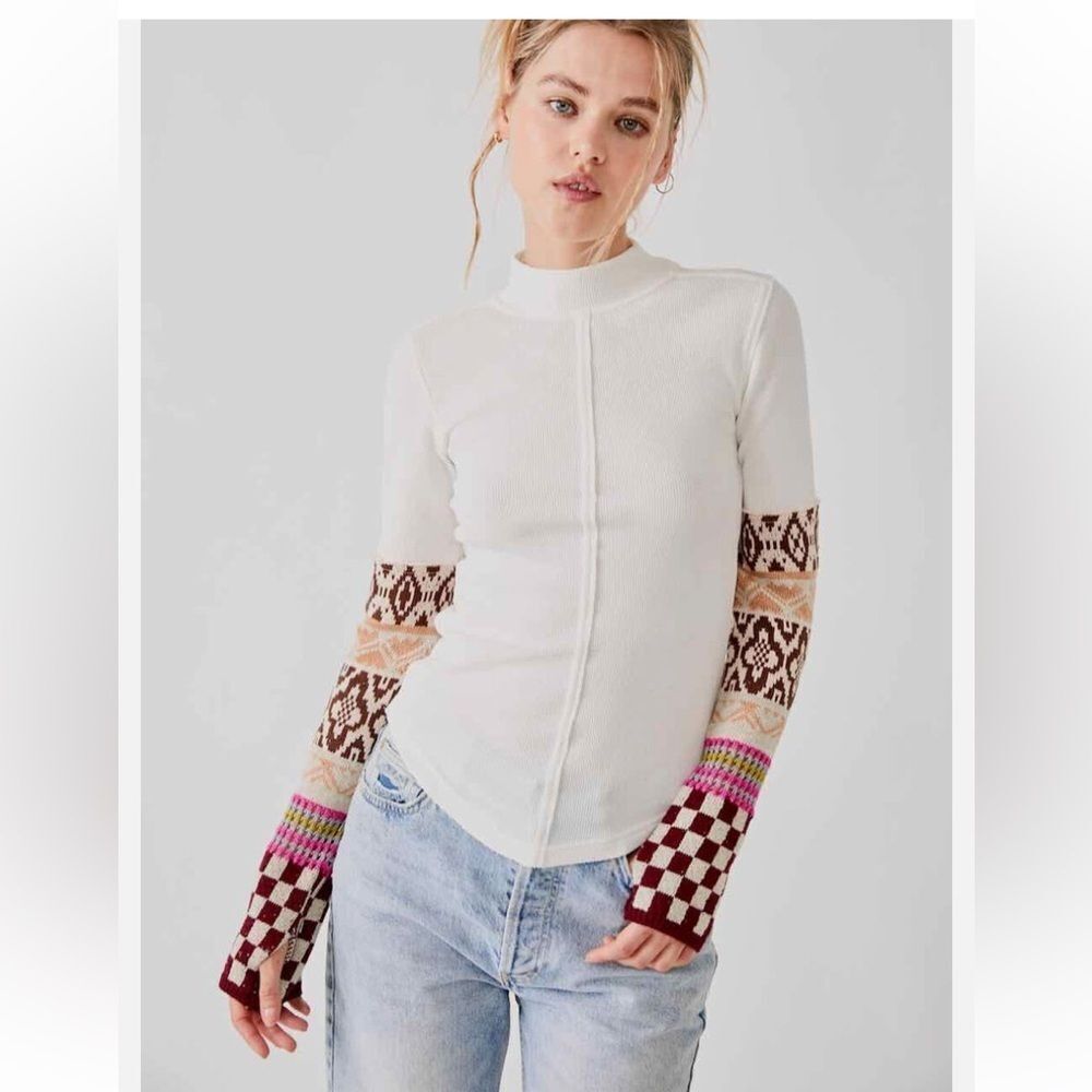 We The Free Free People Gorgeous Thermal Cuff Mock Slim Top, Ivory size XS